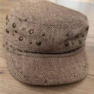 Scala Pronto brown herringbone newsboy cap or baker boy hat with studs